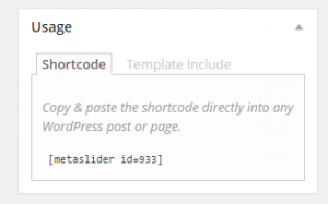 The usage metabox contains the slider shortcode