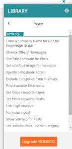 Sidekick plugin showing walkthroughs for Yoast SEO